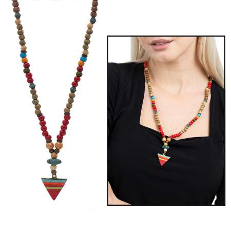 El Yapımı Etnik Ahşap Kombinli Kırmızı Renk Geçişli Mızrak Uçlu Otantik Kolye - Tesbihane