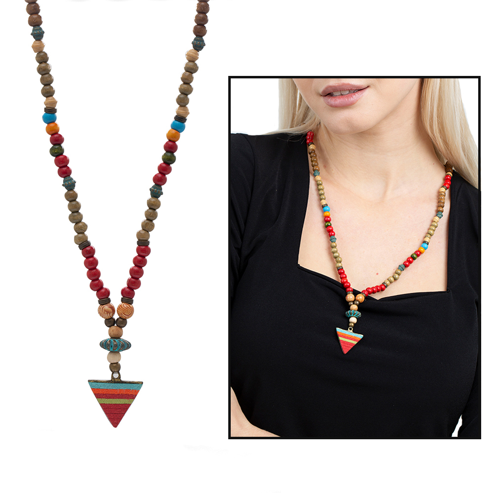 El Yapımı Etnik Ahşap Kombinli Kırmızı Renk Geçişli Mızrak Uçlu Otantik Kolye - 1