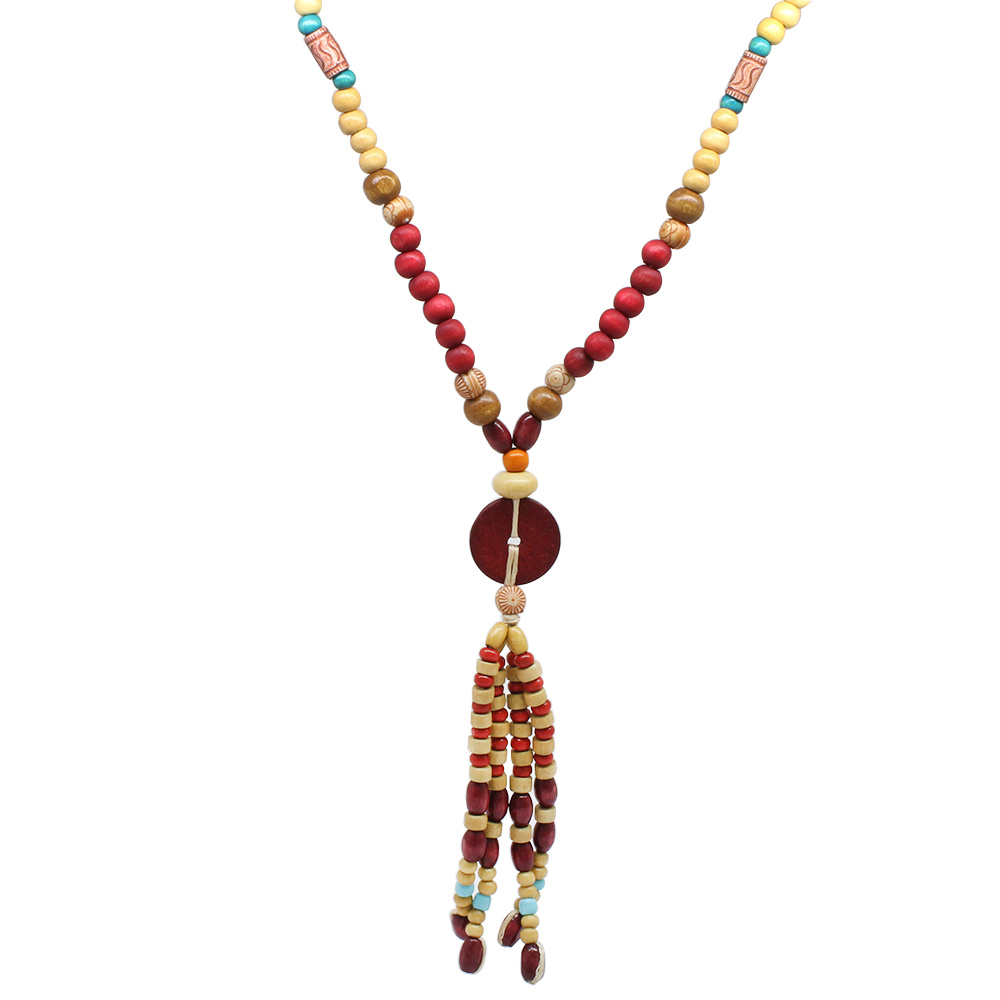 El Yapımı Etnik Ahşap Kombinli Kırmızı Renk Geçişli Tekerlek Detaylı Otantik Kolye - 7