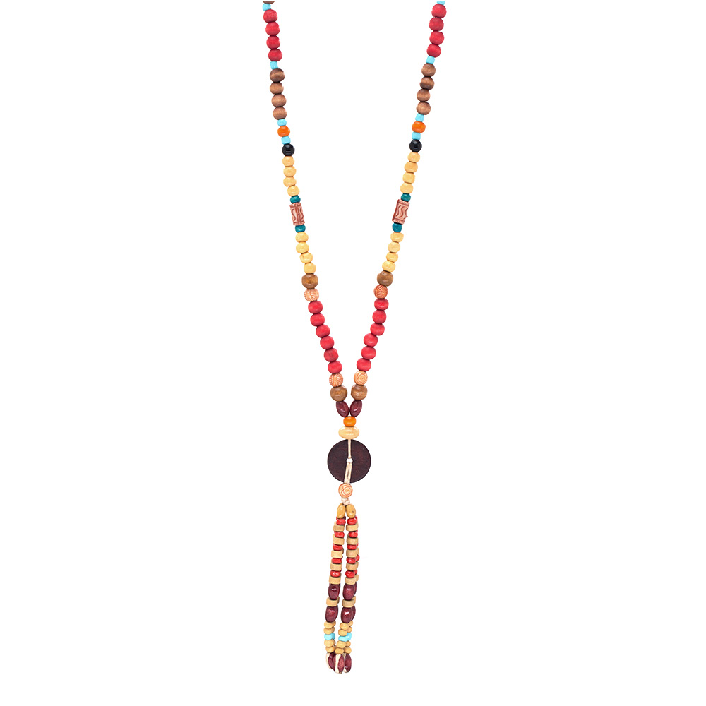 El Yapımı Etnik Ahşap Kombinli Kırmızı Renk Geçişli Tekerlek Detaylı Otantik Kolye - 6