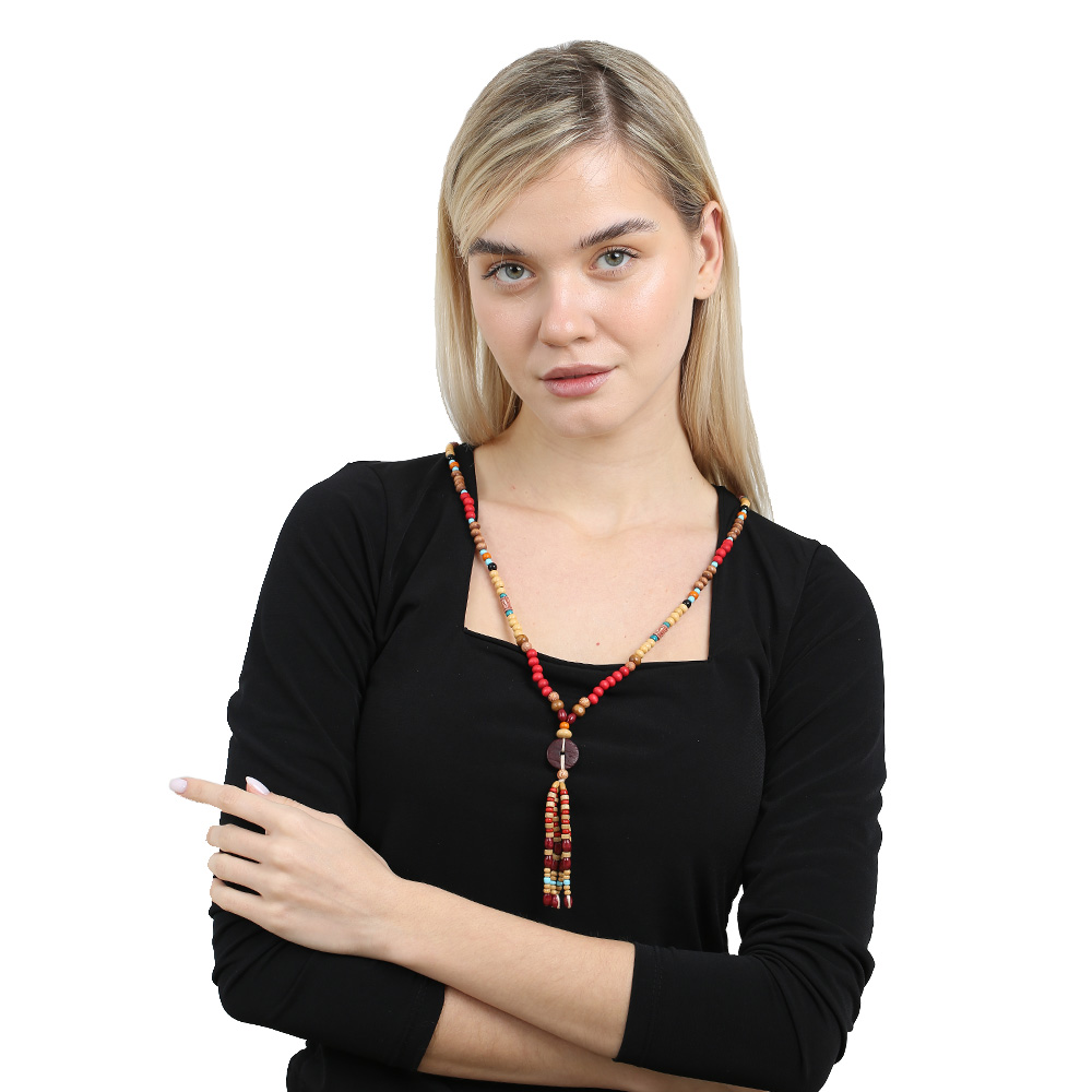 El Yapımı Etnik Ahşap Kombinli Kırmızı Renk Geçişli Tekerlek Detaylı Otantik Kolye - 2