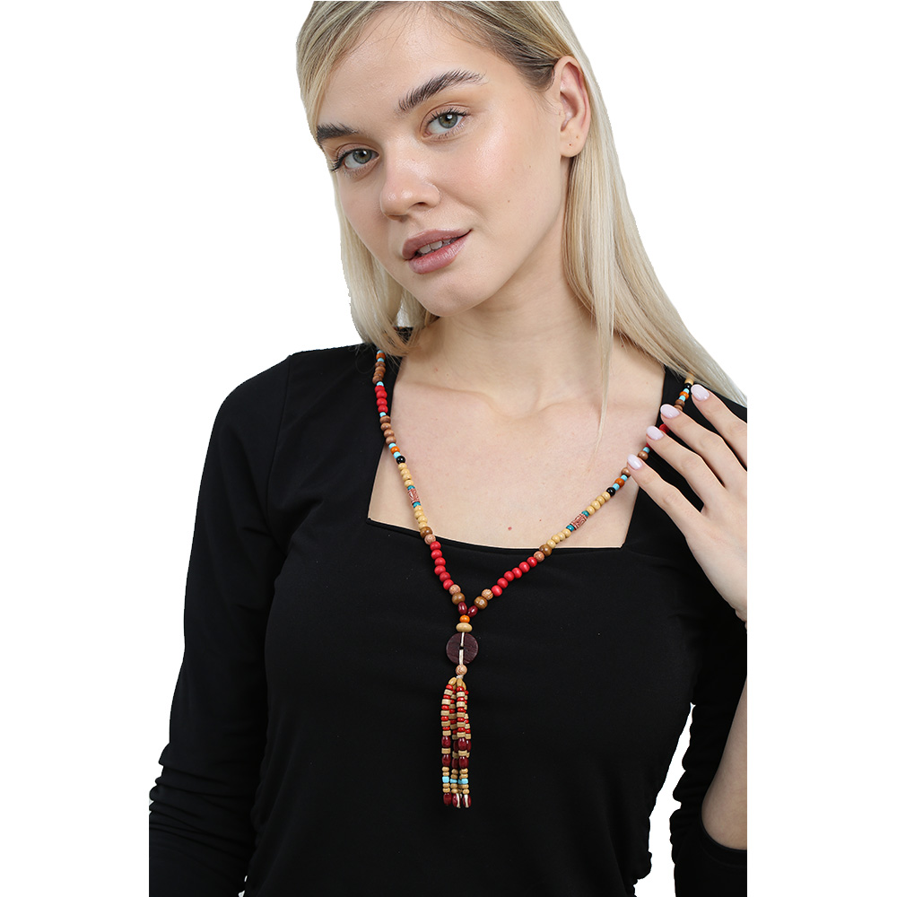 El Yapımı Etnik Ahşap Kombinli Kırmızı Renk Geçişli Tekerlek Detaylı Otantik Kolye - 3