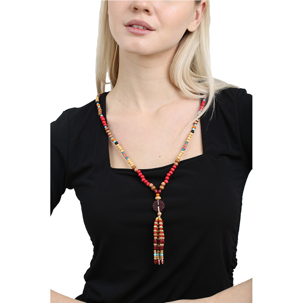 El Yapımı Etnik Ahşap Kombinli Kırmızı Renk Geçişli Tekerlek Detaylı Otantik Kolye - 4