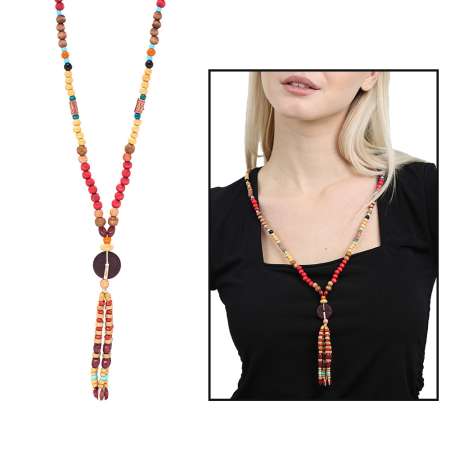 El Yapımı Etnik Ahşap Kombinli Kırmızı Renk Geçişli Tekerlek Detaylı Otantik Kolye - Tesbihane