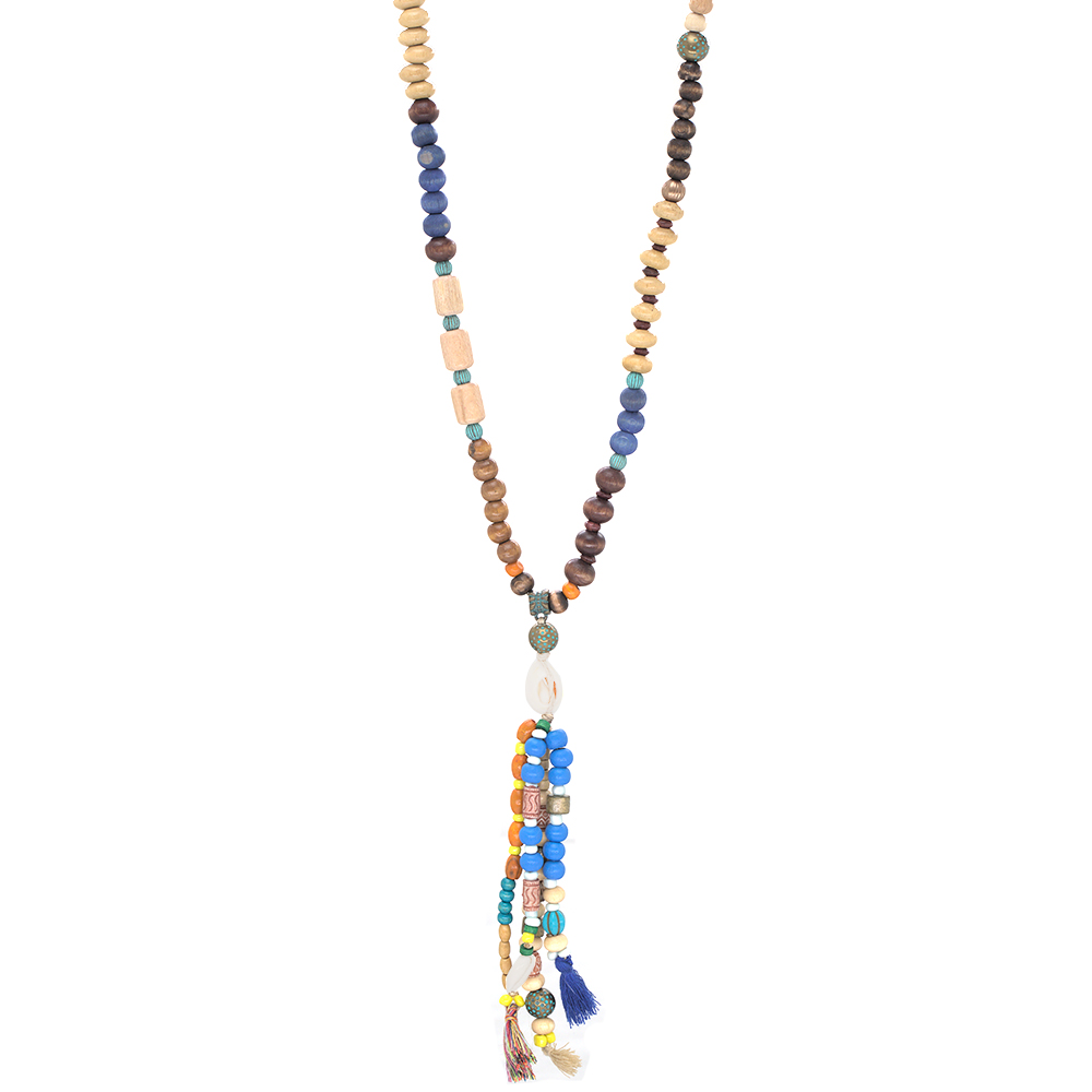 El Yapımı Etnik Ahşap Kombinli Mavi Renk Geçişli Deniz Kabuğu Detaylı Otantik Kolye - 2