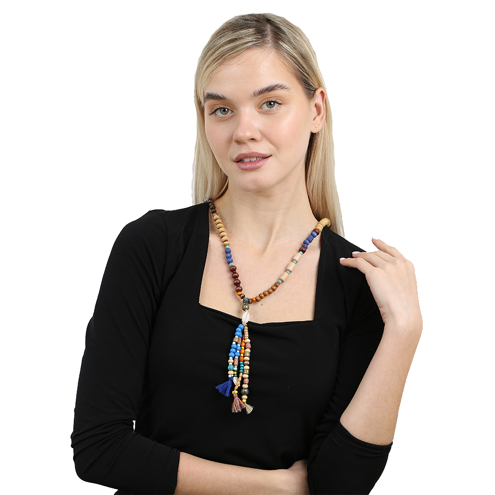 El Yapımı Etnik Ahşap Kombinli Mavi Renk Geçişli Deniz Kabuğu Detaylı Otantik Kolye - 3