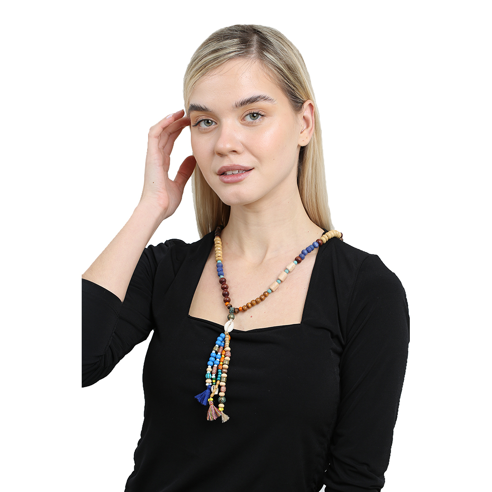 El Yapımı Etnik Ahşap Kombinli Mavi Renk Geçişli Deniz Kabuğu Detaylı Otantik Kolye - 4