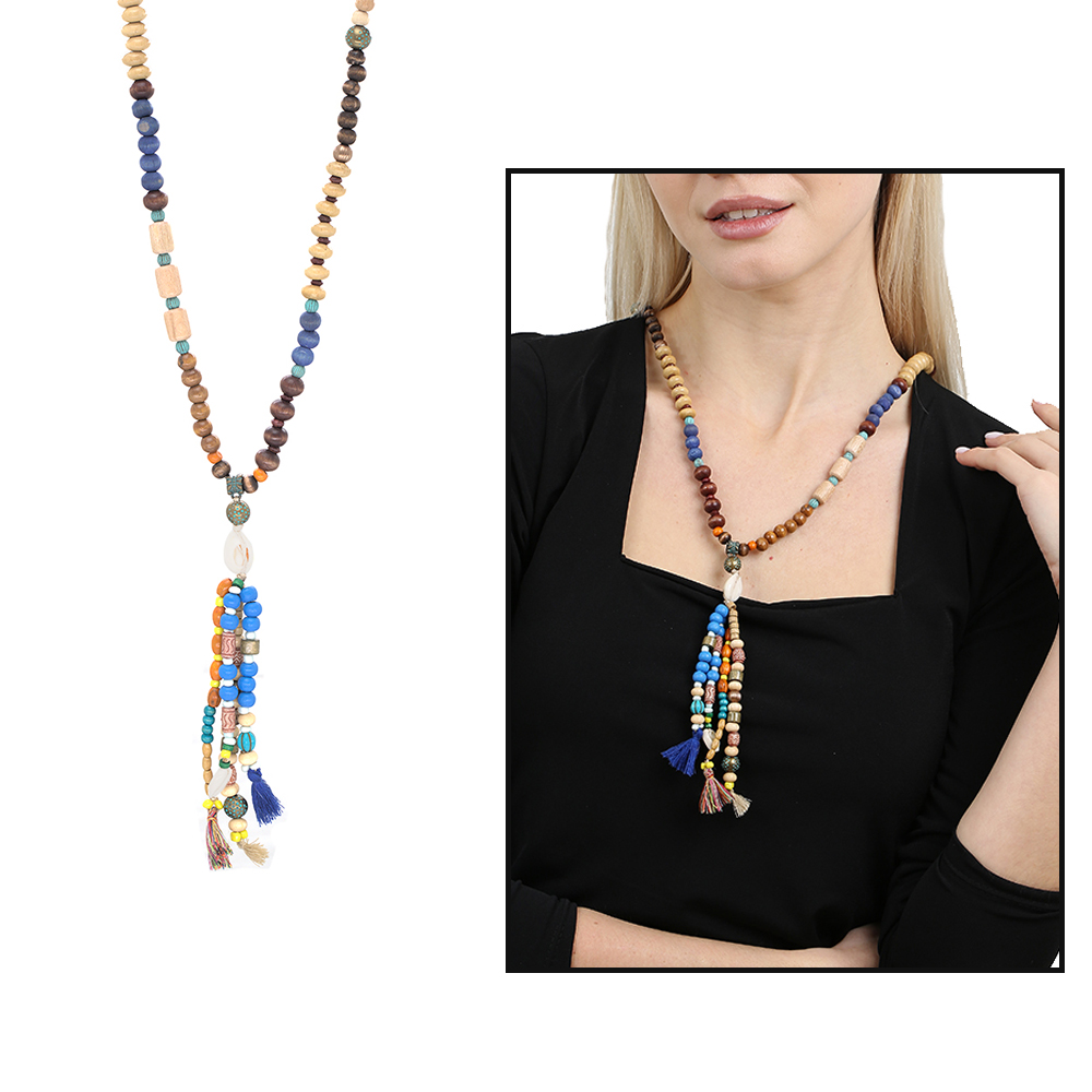 El Yapımı Etnik Ahşap Kombinli Mavi Renk Geçişli Deniz Kabuğu Detaylı Otantik Kolye - 1