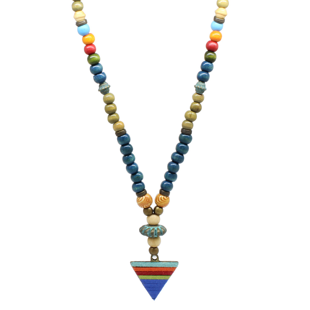 El Yapımı Etnik Ahşap Kombinli Mavi Renk Geçişli Mızrak Uçlu Otantik Kolye - 7