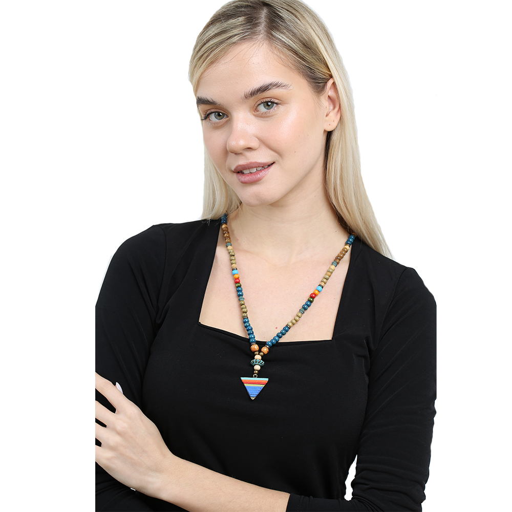 El Yapımı Etnik Ahşap Kombinli Mavi Renk Geçişli Mızrak Uçlu Otantik Kolye - 4
