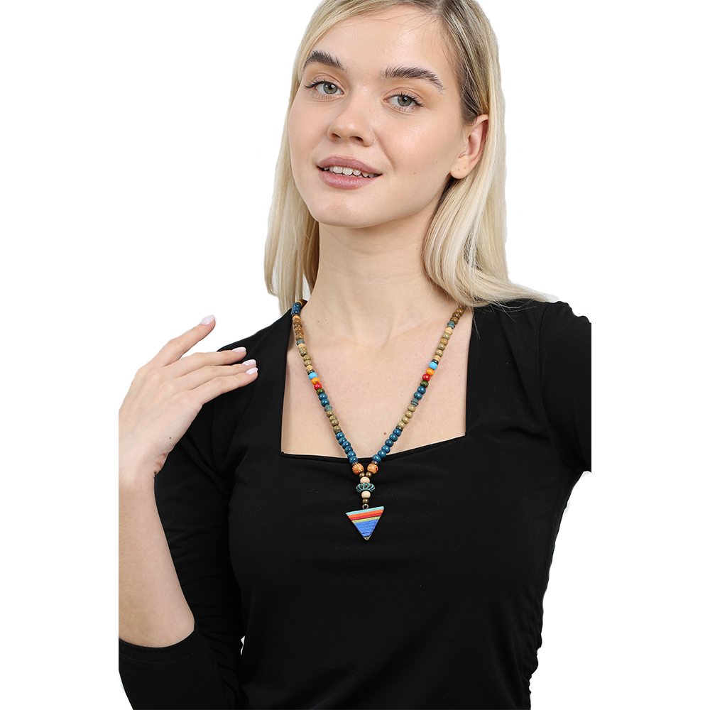 El Yapımı Etnik Ahşap Kombinli Mavi Renk Geçişli Mızrak Uçlu Otantik Kolye - 3