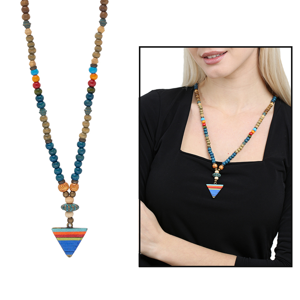 El Yapımı Etnik Ahşap Kombinli Mavi Renk Geçişli Mızrak Uçlu Otantik Kolye - 1