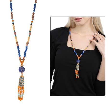 El Yapımı Etnik Ahşap Kombinli Mavi Renk Geçişli Tekerlek Detaylı Otantik Kolye - Tesbihane