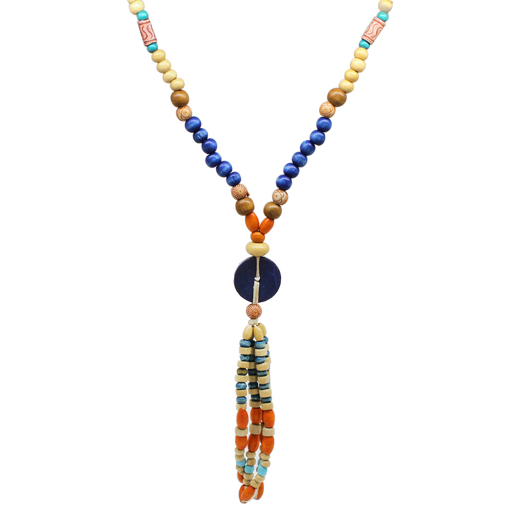 El Yapımı Etnik Ahşap Kombinli Mavi Renk Geçişli Tekerlek Detaylı Otantik Kolye - 6