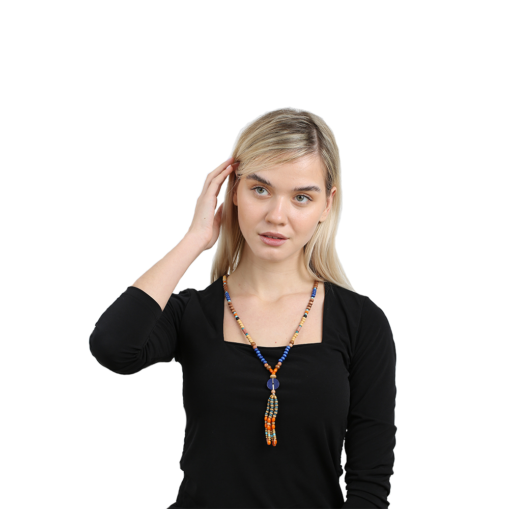 El Yapımı Etnik Ahşap Kombinli Mavi Renk Geçişli Tekerlek Detaylı Otantik Kolye - 3