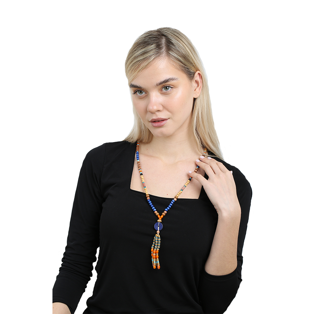 El Yapımı Etnik Ahşap Kombinli Mavi Renk Geçişli Tekerlek Detaylı Otantik Kolye - 2