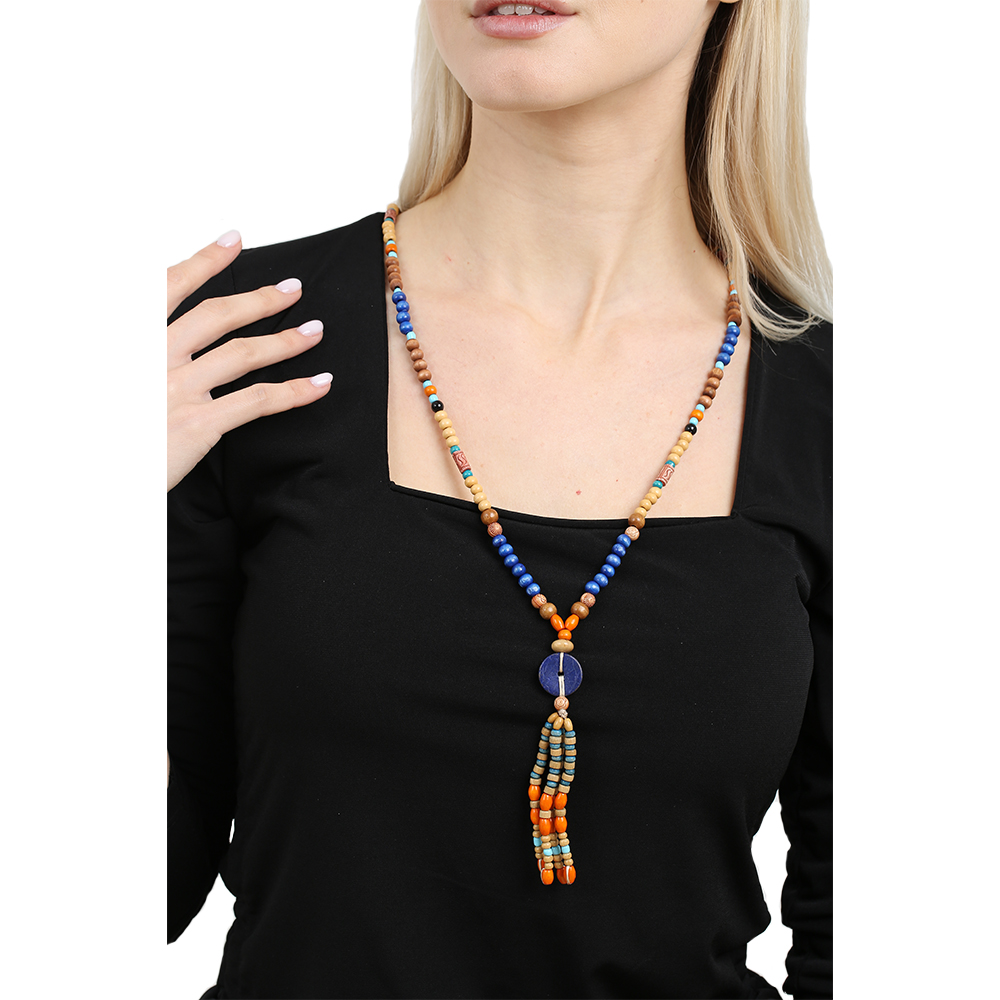 El Yapımı Etnik Ahşap Kombinli Mavi Renk Geçişli Tekerlek Detaylı Otantik Kolye - 4