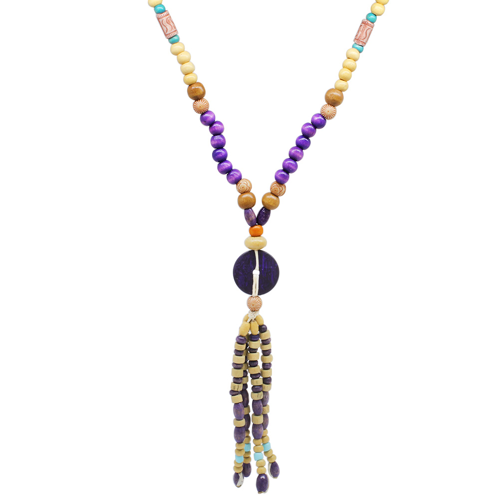 El Yapımı Etnik Ahşap Kombinli Mor Renk Geçişli Tekerlek Detaylı Otantik Kolye - 6