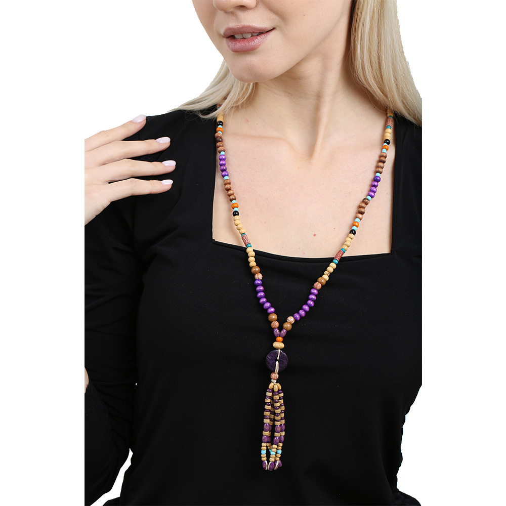 El Yapımı Etnik Ahşap Kombinli Mor Renk Geçişli Tekerlek Detaylı Otantik Kolye - 4