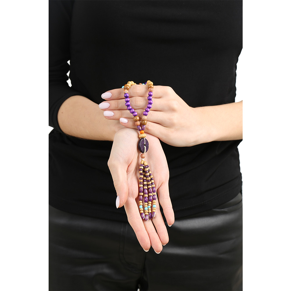 El Yapımı Etnik Ahşap Kombinli Mor Renk Geçişli Tekerlek Detaylı Otantik Kolye - 3