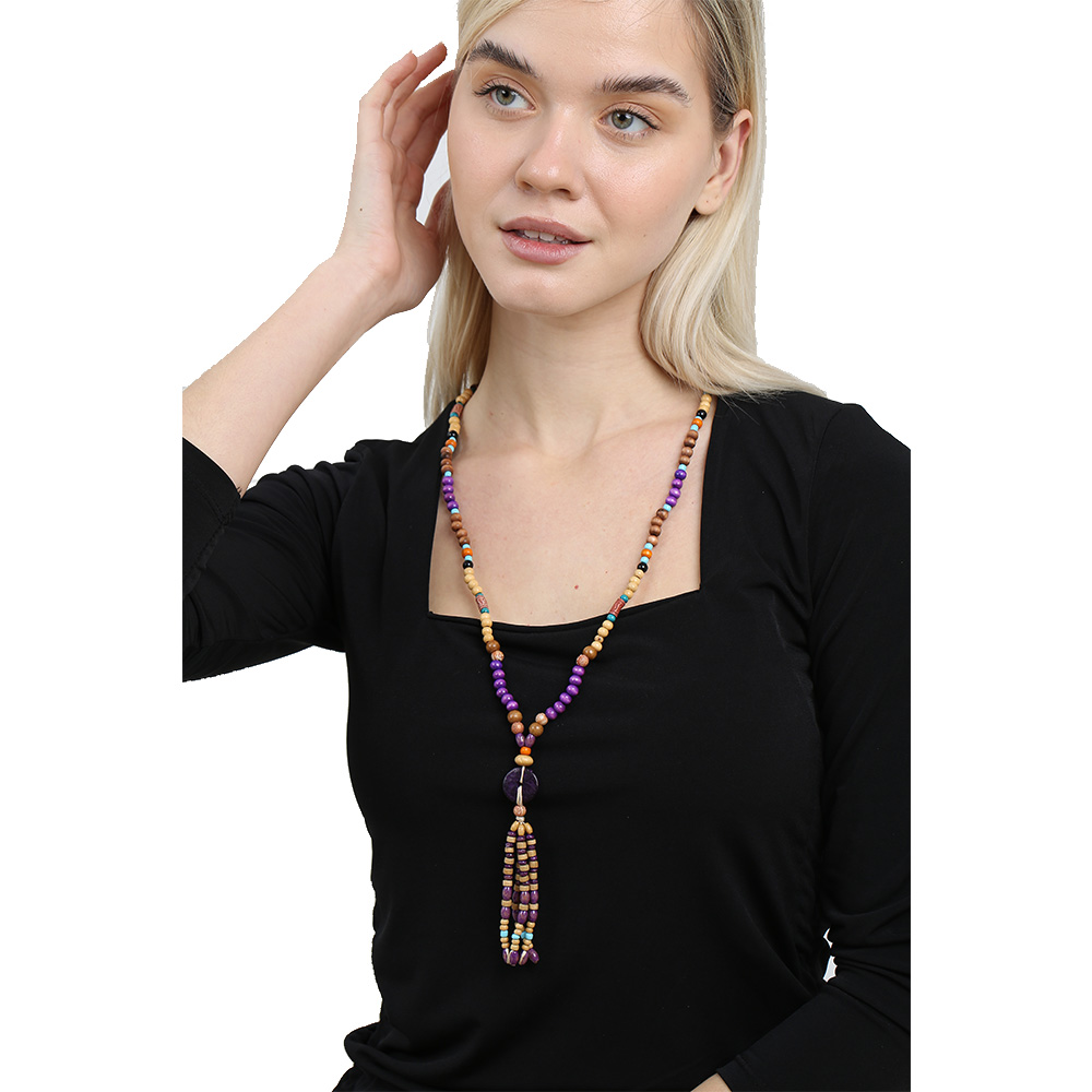 El Yapımı Etnik Ahşap Kombinli Mor Renk Geçişli Tekerlek Detaylı Otantik Kolye - 2