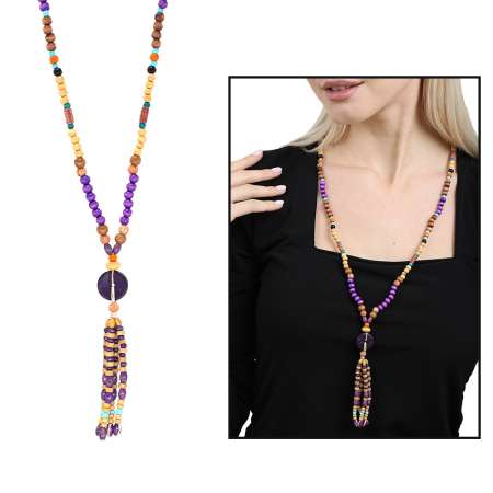 El Yapımı Etnik Ahşap Kombinli Mor Renk Geçişli Tekerlek Detaylı Otantik Kolye - Tesbihane