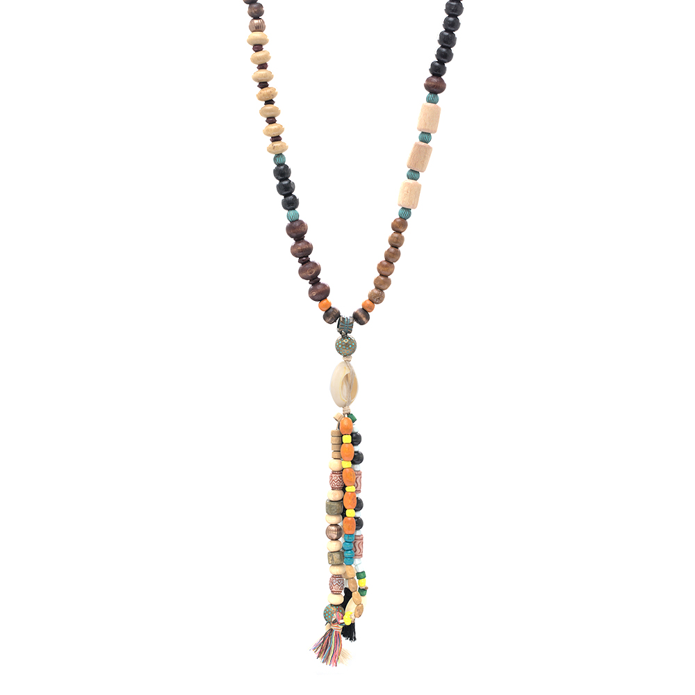 El Yapımı Etnik Ahşap Kombinli Siyah Renk Geçişli Deniz Kabuğu Detaylı Otantik Kolye - 2