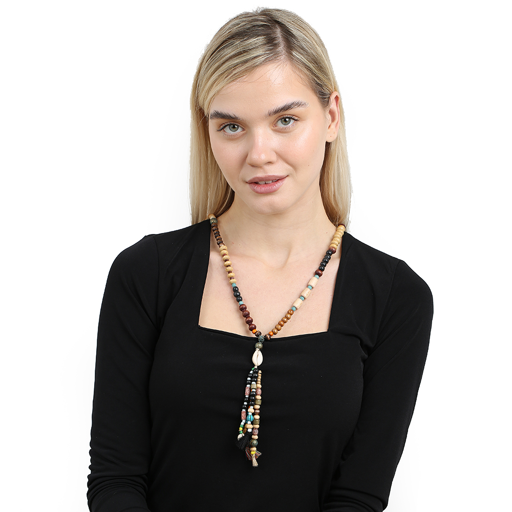 El Yapımı Etnik Ahşap Kombinli Siyah Renk Geçişli Deniz Kabuğu Detaylı Otantik Kolye - 4