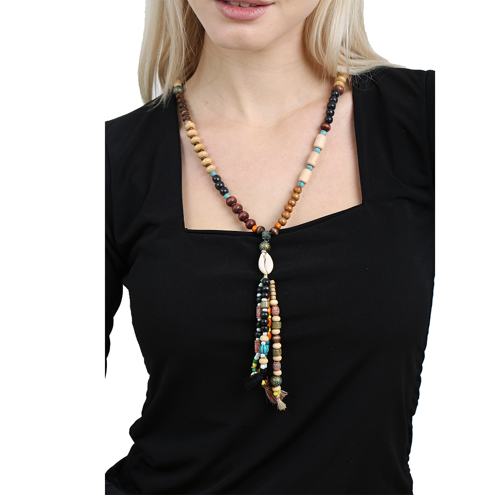 El Yapımı Etnik Ahşap Kombinli Siyah Renk Geçişli Deniz Kabuğu Detaylı Otantik Kolye - 5