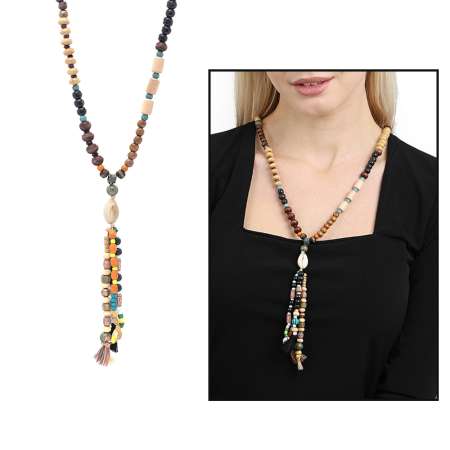 El Yapımı Etnik Ahşap Kombinli Siyah Renk Geçişli Deniz Kabuğu Detaylı Otantik Kolye - Tesbihane