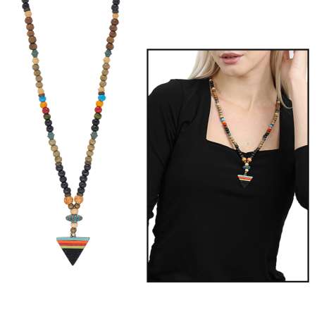 El Yapımı Etnik Ahşap Kombinli Siyah Renk Geçişli Mızrak Uçlu Otantik Kolye - Tesbihane