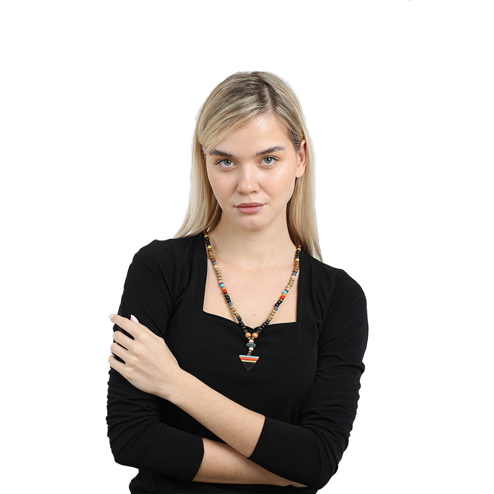 El Yapımı Etnik Ahşap Kombinli Siyah Renk Geçişli Mızrak Uçlu Otantik Kolye - 5