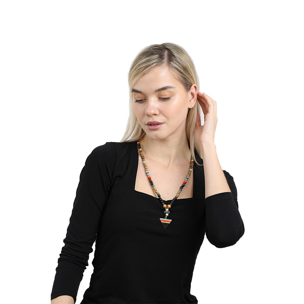 El Yapımı Etnik Ahşap Kombinli Siyah Renk Geçişli Mızrak Uçlu Otantik Kolye - 4