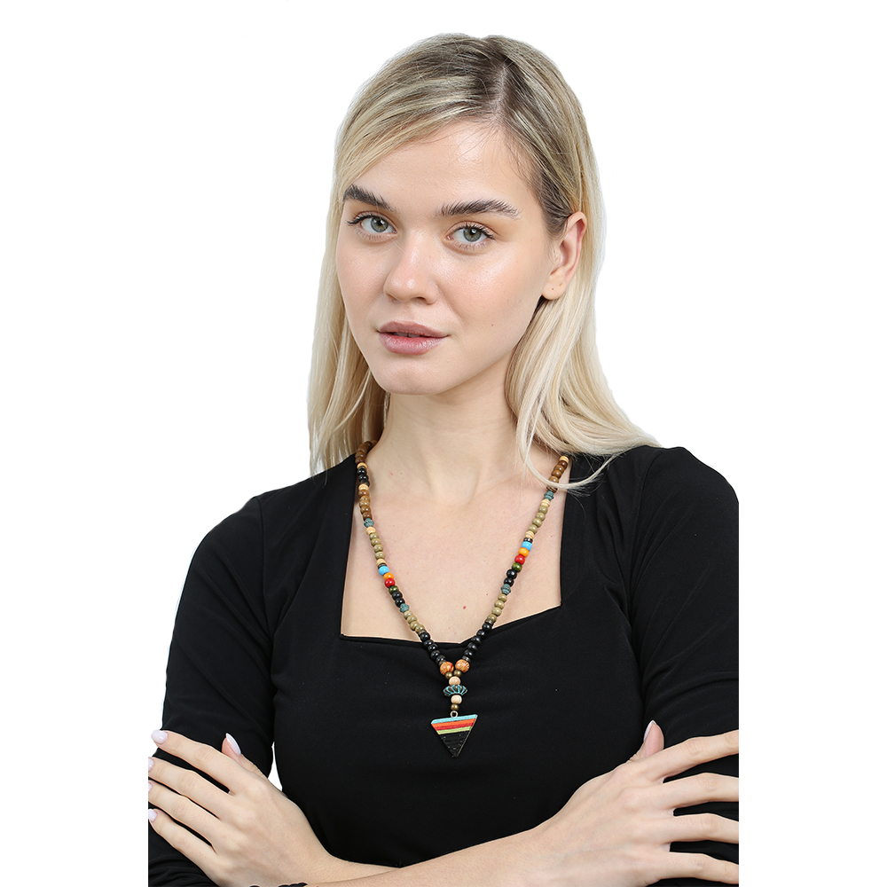 El Yapımı Etnik Ahşap Kombinli Siyah Renk Geçişli Mızrak Uçlu Otantik Kolye - 3
