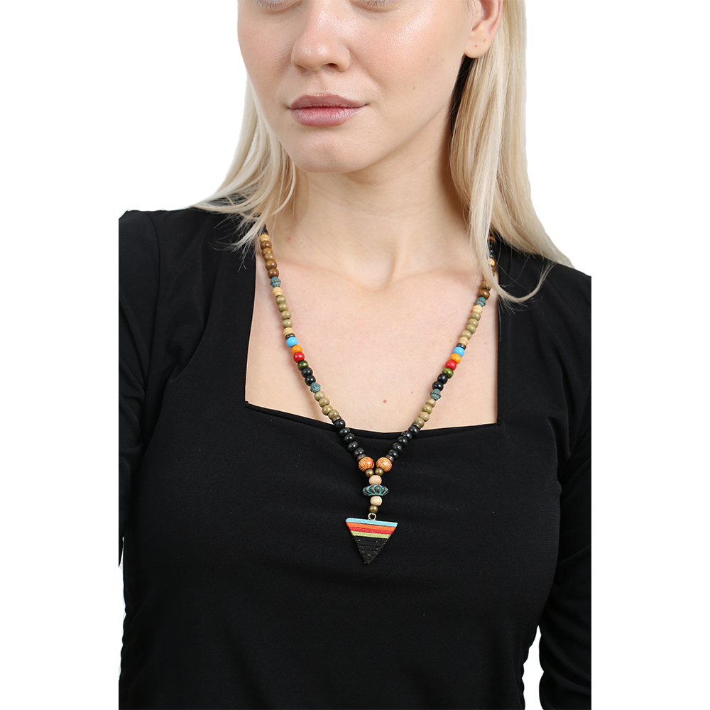 El Yapımı Etnik Ahşap Kombinli Siyah Renk Geçişli Mızrak Uçlu Otantik Kolye - 2