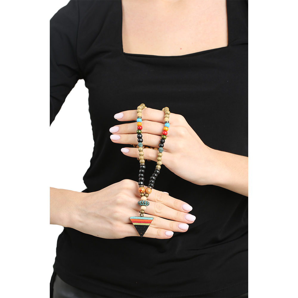 El Yapımı Etnik Ahşap Kombinli Siyah Renk Geçişli Mızrak Uçlu Otantik Kolye - 6