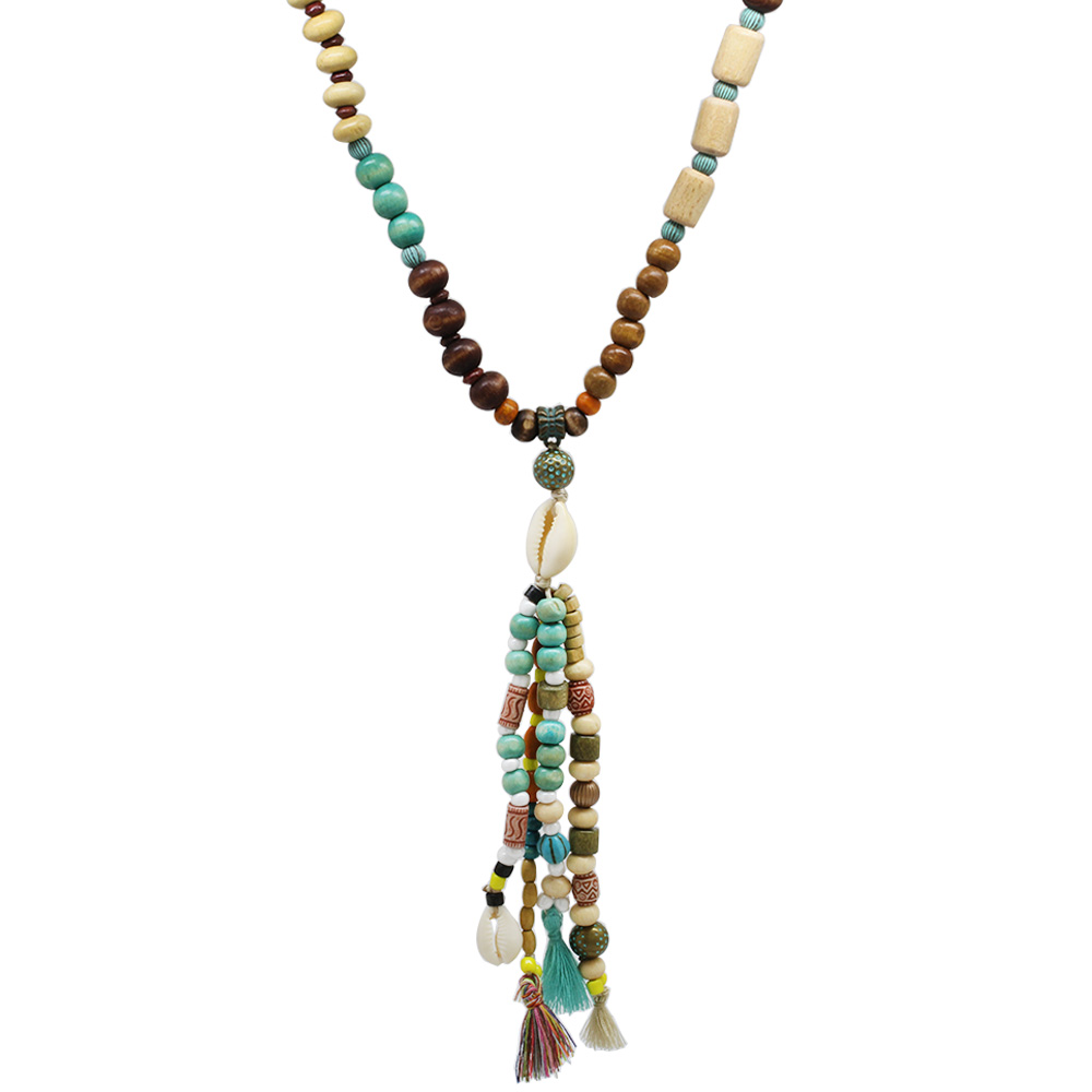 El Yapımı Etnik Ahşap Kombinli Turkuaz Renk Geçişli Deniz Kabuğu Detaylı Otantik Kolye - 2