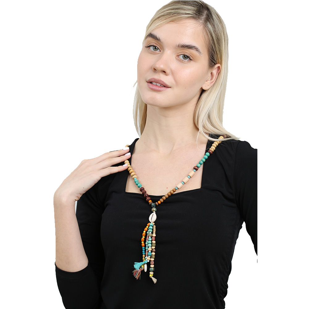 El Yapımı Etnik Ahşap Kombinli Turkuaz Renk Geçişli Deniz Kabuğu Detaylı Otantik Kolye - 1