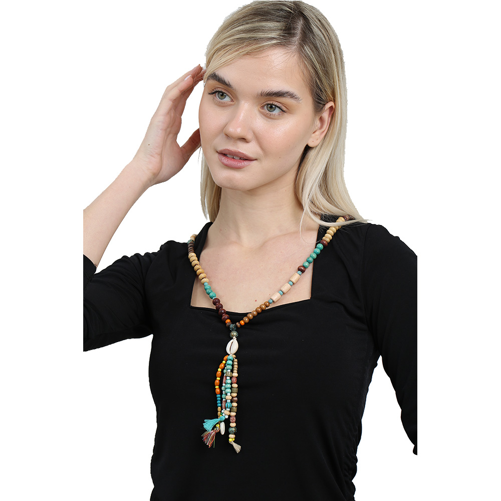 El Yapımı Etnik Ahşap Kombinli Turkuaz Renk Geçişli Deniz Kabuğu Detaylı Otantik Kolye - 3