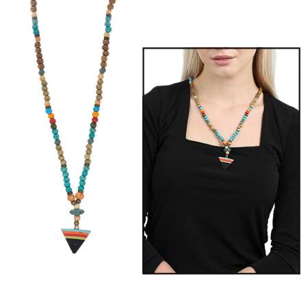 El Yapımı Etnik Ahşap Kombinli Turkuaz Renk Geçişli Mızrak Uçlu Otantik Kolye - Tesbihane