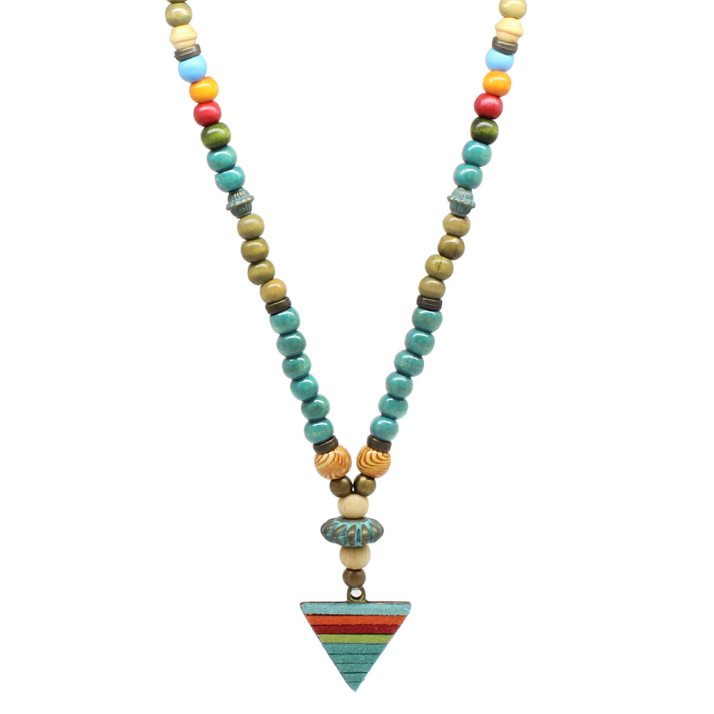 El Yapımı Etnik Ahşap Kombinli Turkuaz Renk Geçişli Mızrak Uçlu Otantik Kolye - 6