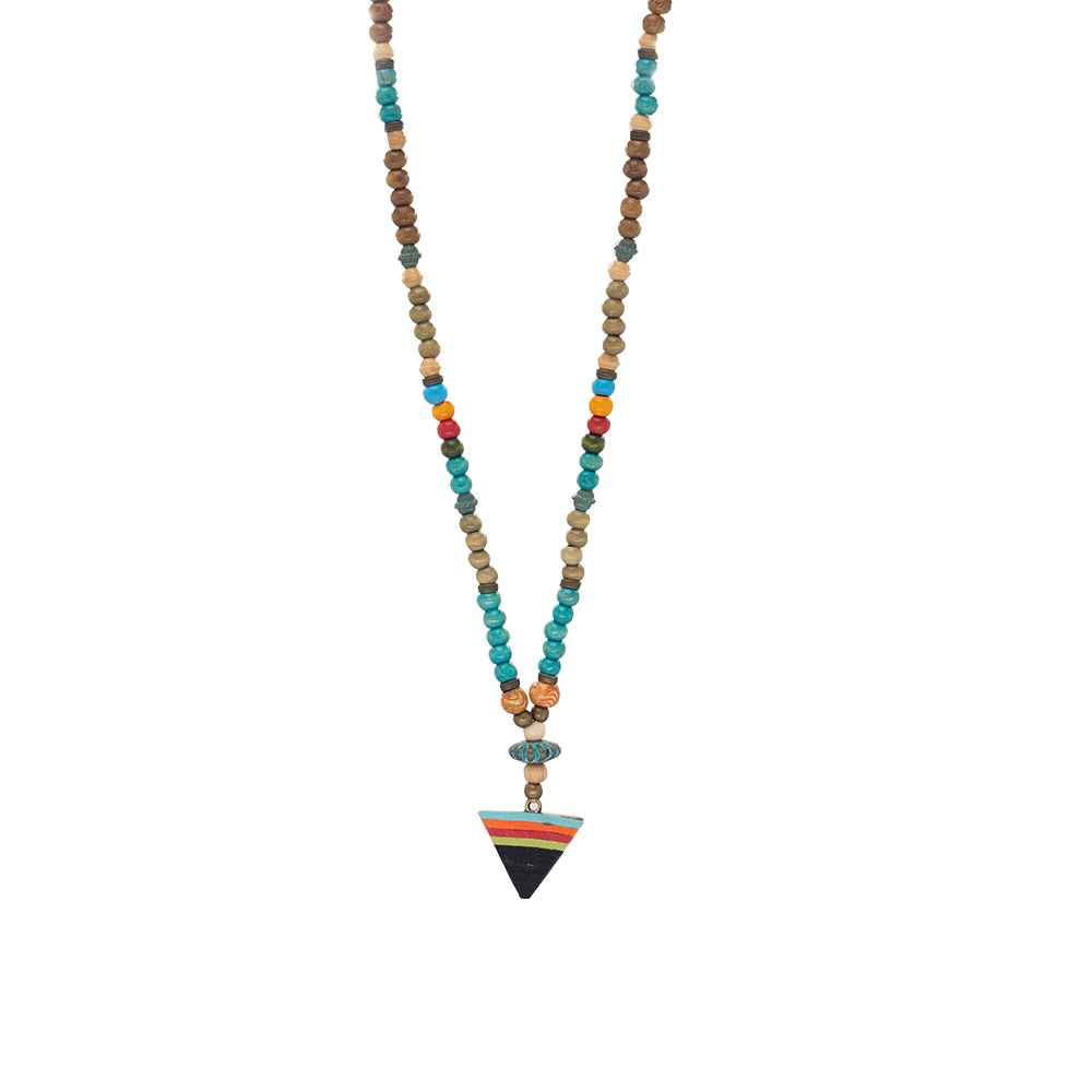 El Yapımı Etnik Ahşap Kombinli Turkuaz Renk Geçişli Mızrak Uçlu Otantik Kolye - 7