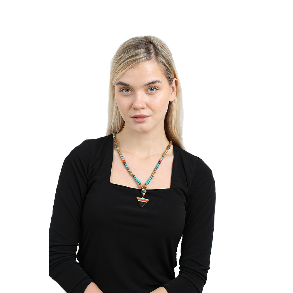 El Yapımı Etnik Ahşap Kombinli Turkuaz Renk Geçişli Mızrak Uçlu Otantik Kolye - 2