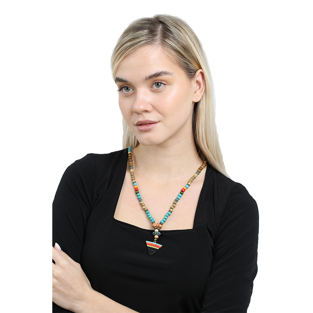 El Yapımı Etnik Ahşap Kombinli Turkuaz Renk Geçişli Mızrak Uçlu Otantik Kolye - 3