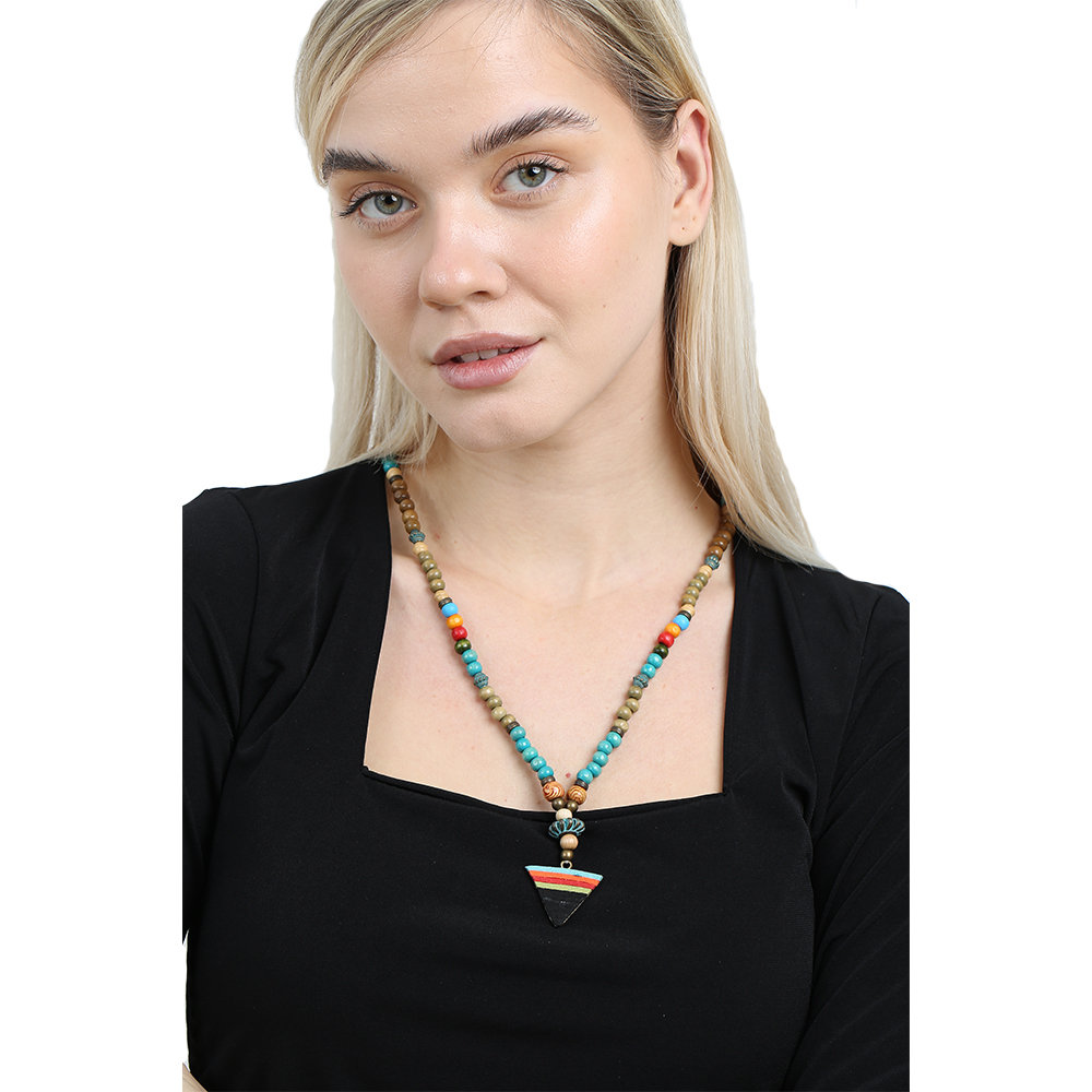 El Yapımı Etnik Ahşap Kombinli Turkuaz Renk Geçişli Mızrak Uçlu Otantik Kolye - 4