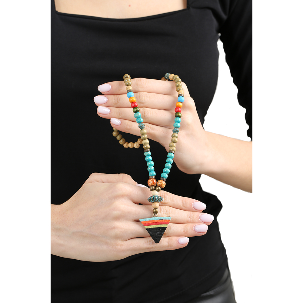 El Yapımı Etnik Ahşap Kombinli Turkuaz Renk Geçişli Mızrak Uçlu Otantik Kolye - 5