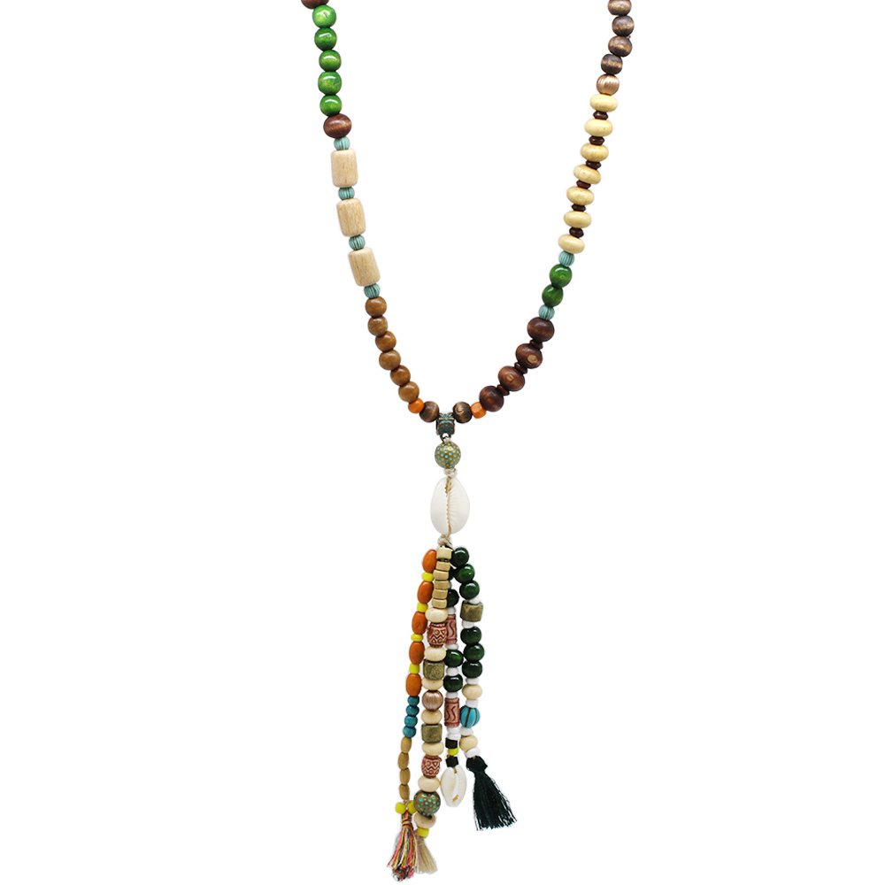 El Yapımı Etnik Ahşap Kombinli Yeşil Renk Geçişli Deniz Kabuğu Detaylı Otantik Kolye - 6