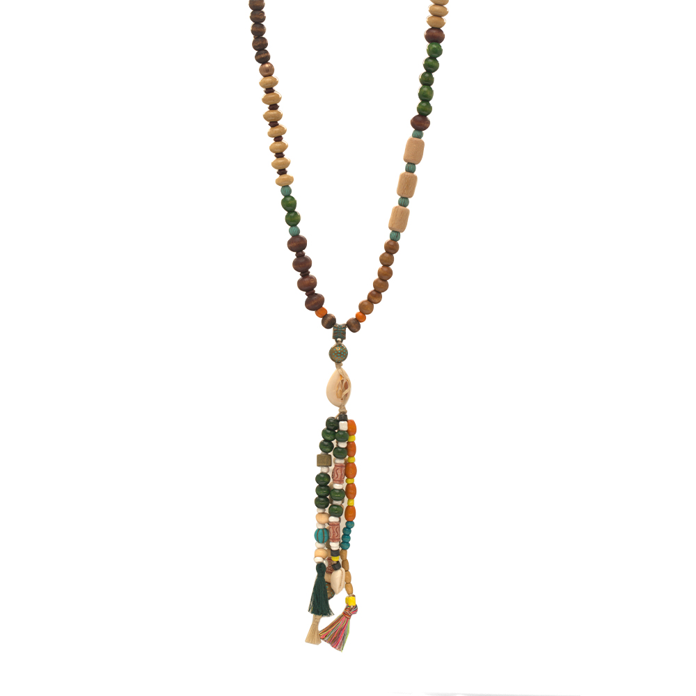 El Yapımı Etnik Ahşap Kombinli Yeşil Renk Geçişli Deniz Kabuğu Detaylı Otantik Kolye - 7