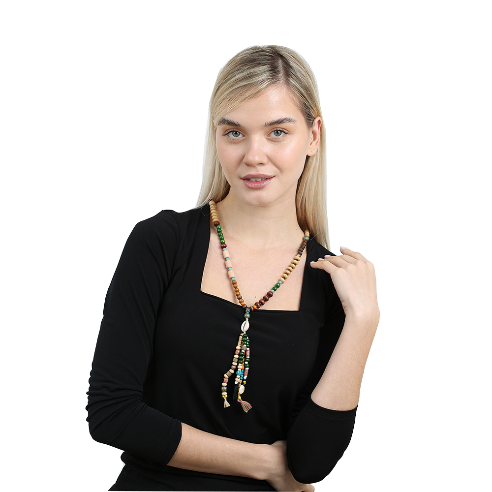 El Yapımı Etnik Ahşap Kombinli Yeşil Renk Geçişli Deniz Kabuğu Detaylı Otantik Kolye - 3