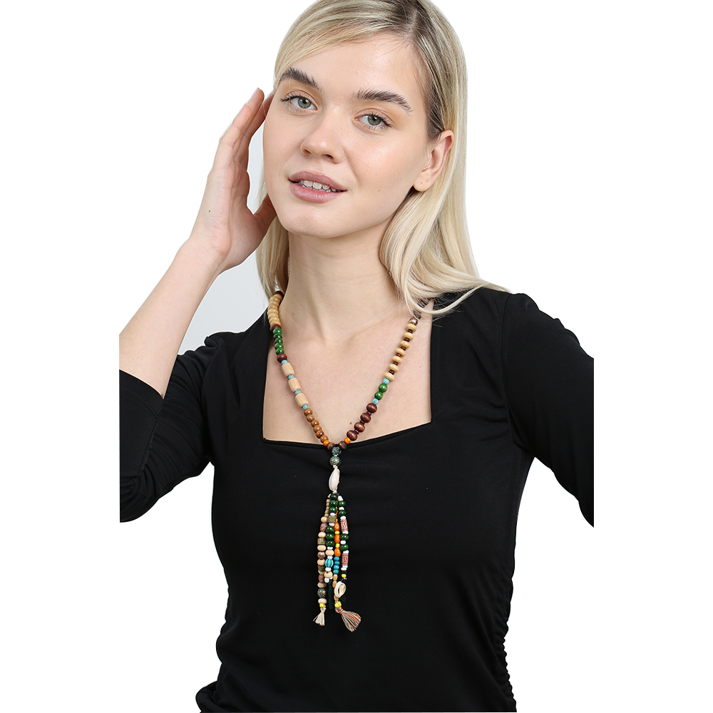 El Yapımı Etnik Ahşap Kombinli Yeşil Renk Geçişli Deniz Kabuğu Detaylı Otantik Kolye - 2